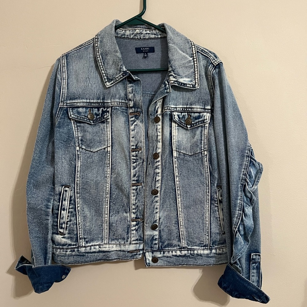 Kaari Blue Womens L Denim Blue Jean Jacket Light Wash Ruffle Details Button Down